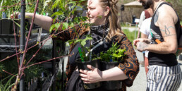 Shoppers selecting native plants at Oxbow’s Plant Stand, carrying potted plants for sustainable gardening and habitat restoration.