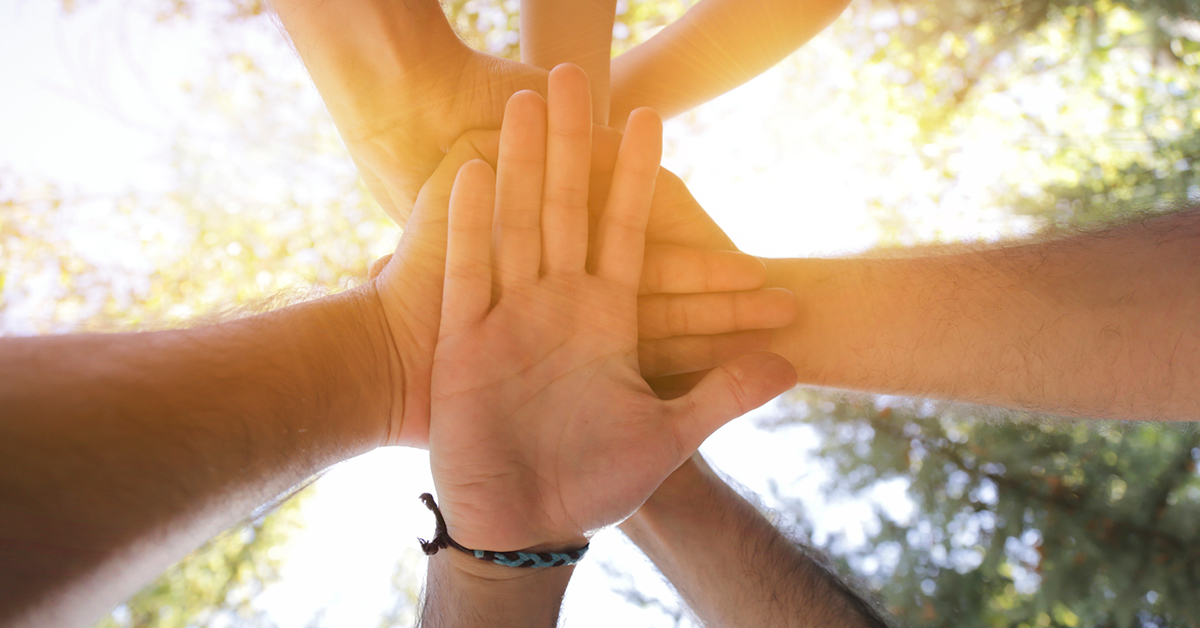 Teamwork and unity at Oxbow, hands joined together outdoors under sunlight.