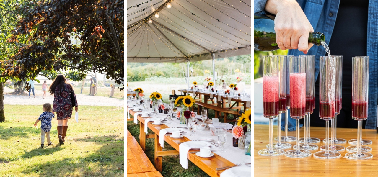 Family walking under orchard trees, elegant tented dinner with sunflowers and string lights, and sparkling berry drinks being poured into glasses at Oxbow’s Family Dinner on the Farm.