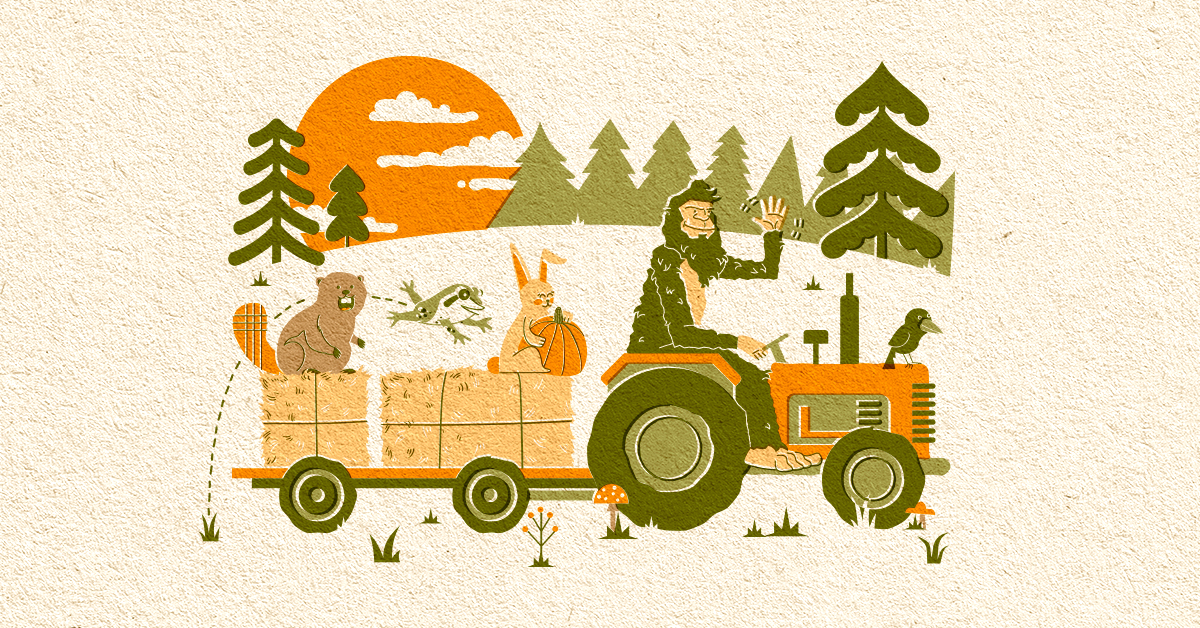 Whimsical illustration of Bigfoot driving a tractor with forest animals on a hayride at Oxtober 2025.