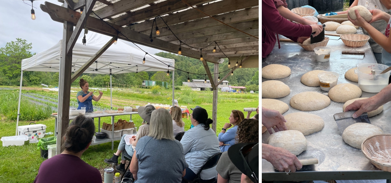  Instructor teaching sourdough baking in an outdoor farm setting and participants shaping loaves on a communal table.