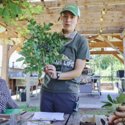 Educator holding an Oregon grape branch while teaching about native plant dyes.