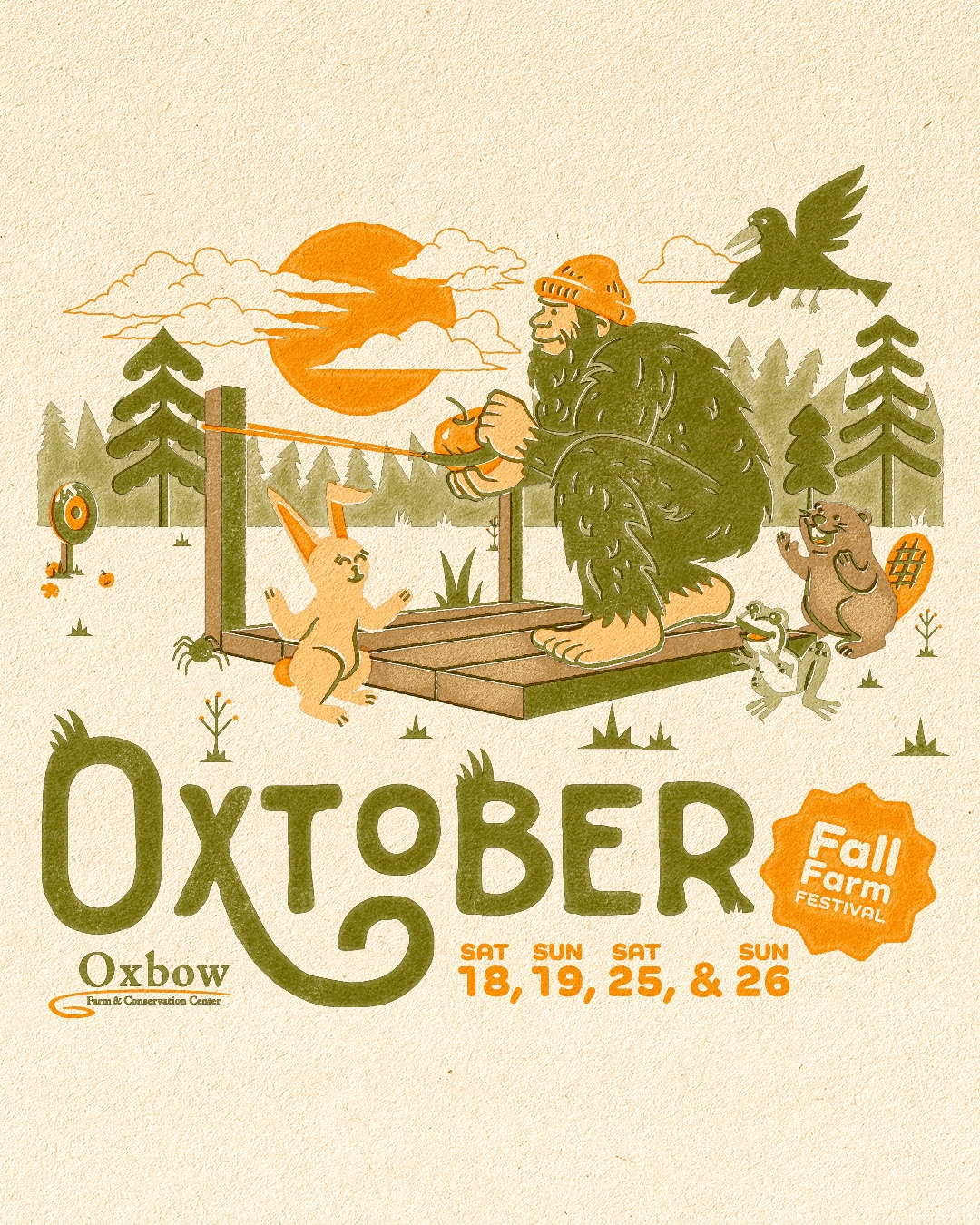 Illustrated Oxtober 2025 Fall Festival graphic with forest creatures and Bigfoot.