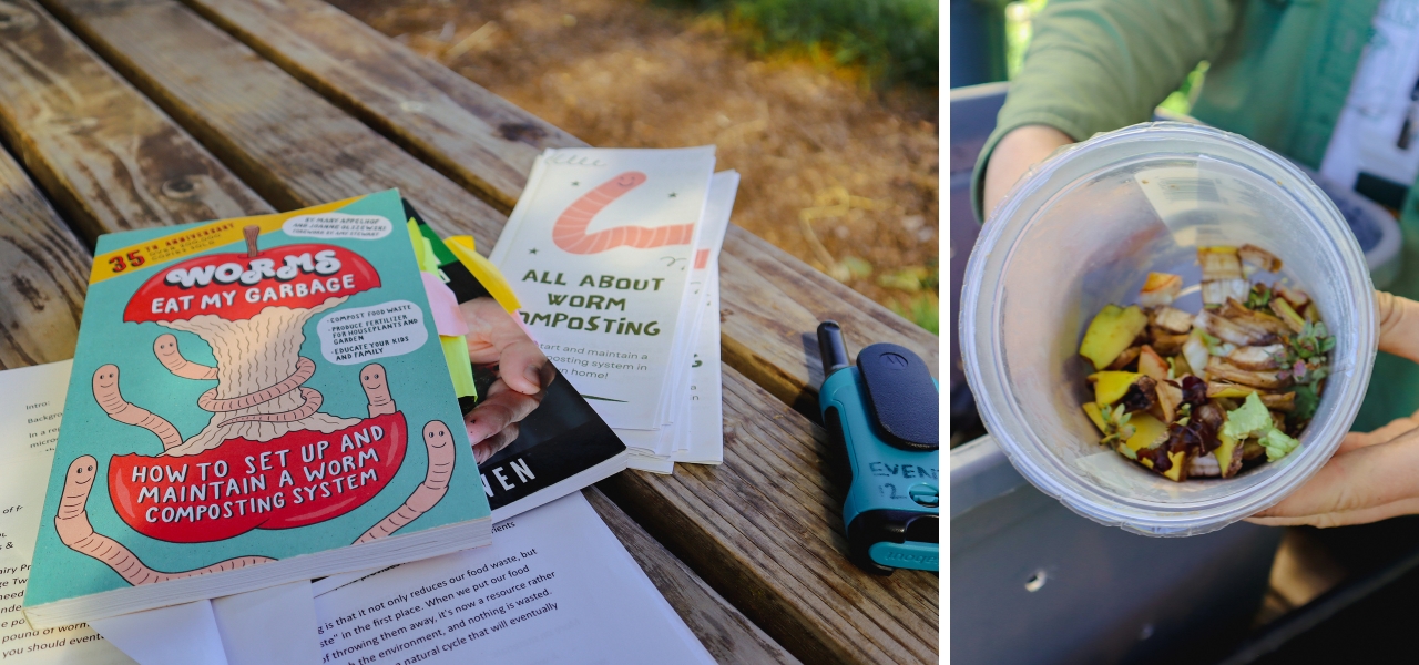 Worm composting education materials and food scraps used for vermicomposting.