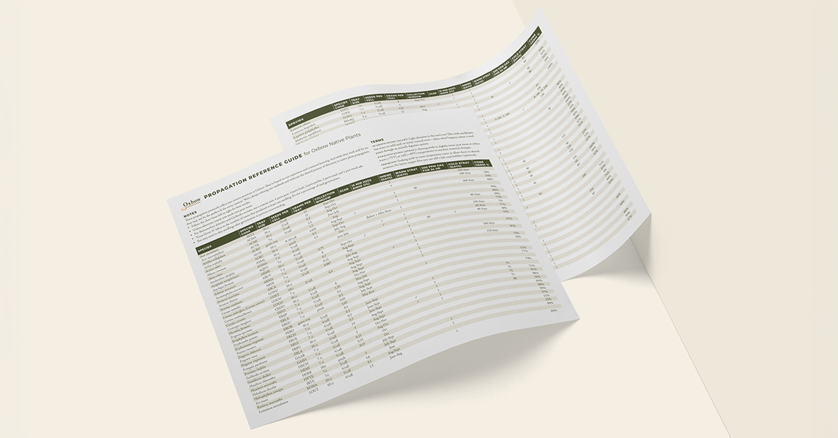 Thumbnail image of Oxbow’s Propagation Reference Guide open to a spreadsheet with native plant species and growing protocols.