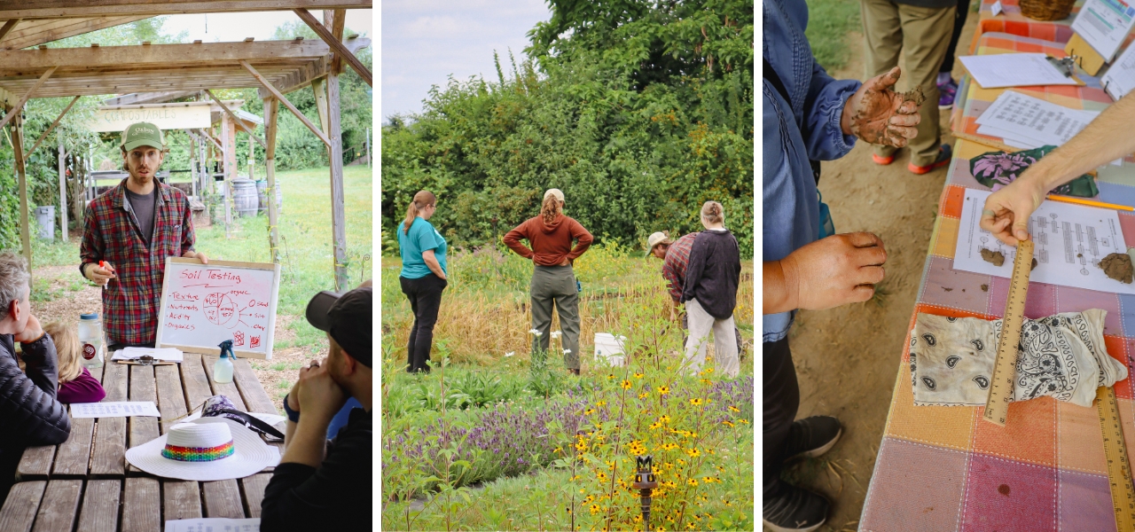 Triptych showing participants in a soil testing and crop rotation workshop at Oxbow, featuring outdoor instruction, hands-on fieldwork, and tactile learning activities.
