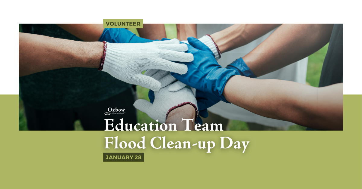 Volunteers wearing protective gloves join hands in a circle to support Oxbow’s Education Team Flood Clean-up Day on January 28.