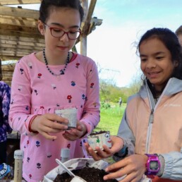Children creating biodegradable newspaper seed pots during a hands-on nature craft activity at Oxbow.