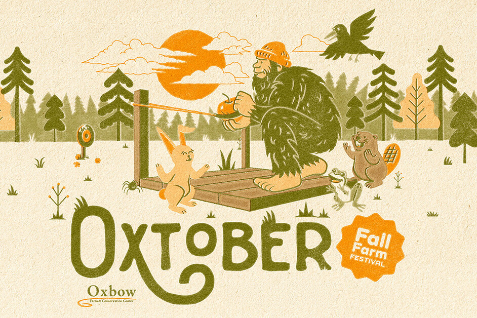 Illustrated Oxtober Fall Festival banner with forest creatures and Bigfoot.