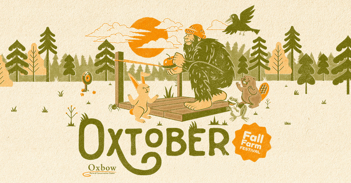 Illustrated Oxtober Fall Festival banner with forest creatures and Bigfoot.