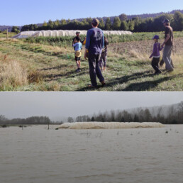 Diptych showing agriculture fields during dry conditions and then surrounded by floodwater at Oxbow Farm and Conservation Center in Carnation, WA.