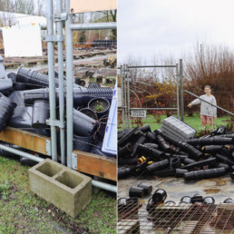 Diptych showing displaced nursery pots after flooding and a cement block that prevented plants and pots from floating away at Oxbow Native Plant Nursery.