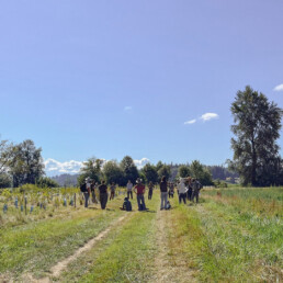 Group participating in a guided riparian restoration site tour at Oxbow Farm and Conservation Center in the Snoqualmie Valley.