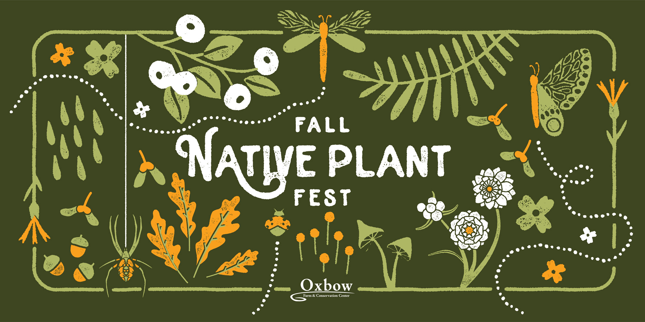 Illustrated banner reading "Fall Native Plant Fest" surrounded by native plants, leaves, berries, flowers, insects, and seeds celebrating the Pacific Northwest and fall planting season.